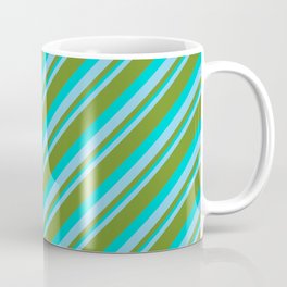 [ Thumbnail: Sky Blue, Green & Dark Turquoise Colored Striped Pattern Coffee Mug ]