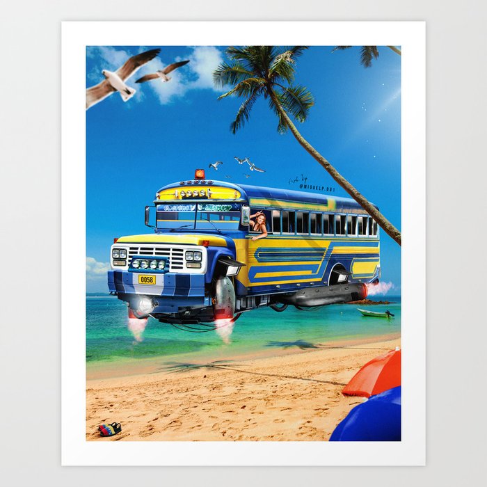 Bus on the beach Art Print
