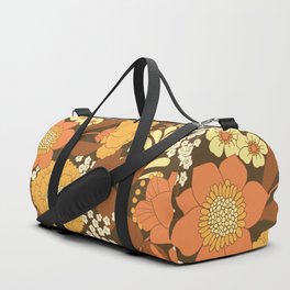 Brown, Yellow, Orange & Ivory Retro Flowers Duffle Bag