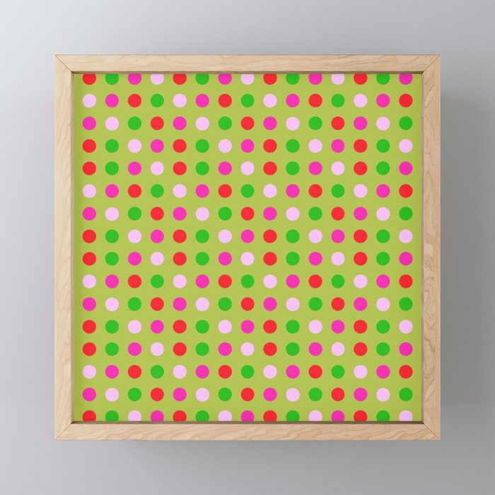 Festive Mini Cheerful Polka Dots Modern Geometric Circle Retro Colorful Pastel Pink Red Green Retro Scandi Minimalist Quad Pattern Framed Mini Art Print