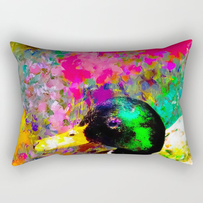 mallard duck with pink green brown purple yellow painting abstract background Rectangular Pillow