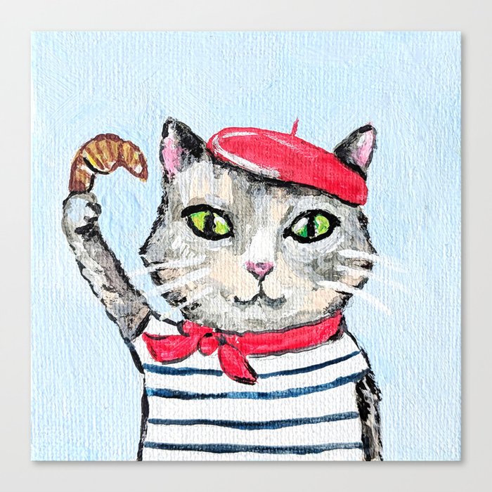 French cat and croissant Canvas Print