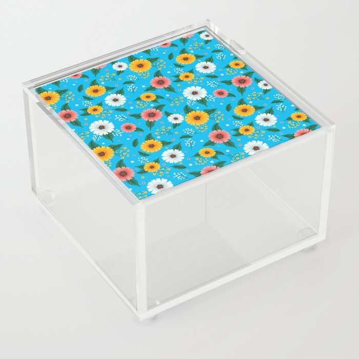 Colorful Spring Flowers Pattern in Turquoise Background Acrylic Box