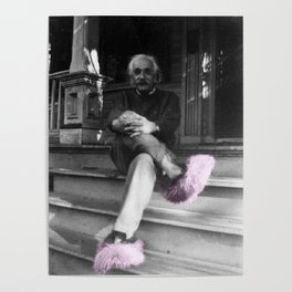 Satirical Einstein in Fuzzy Pink Slippers Classic E = mc² Black and White Satirical Photography  Poster