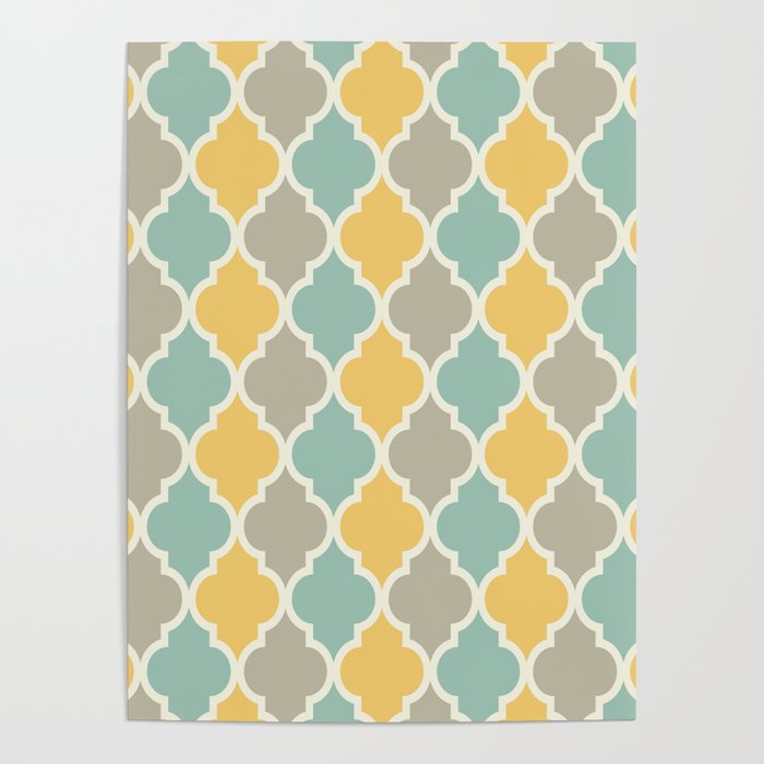Colorful Quatrefoil Lattice Pattern 139 Yellow Sage and Grey Poster