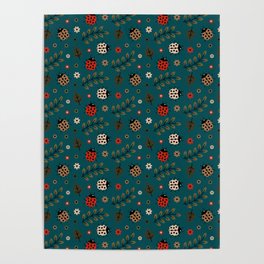 Ladybug and Floral Seamless Pattern on Teal Blue Background Poster