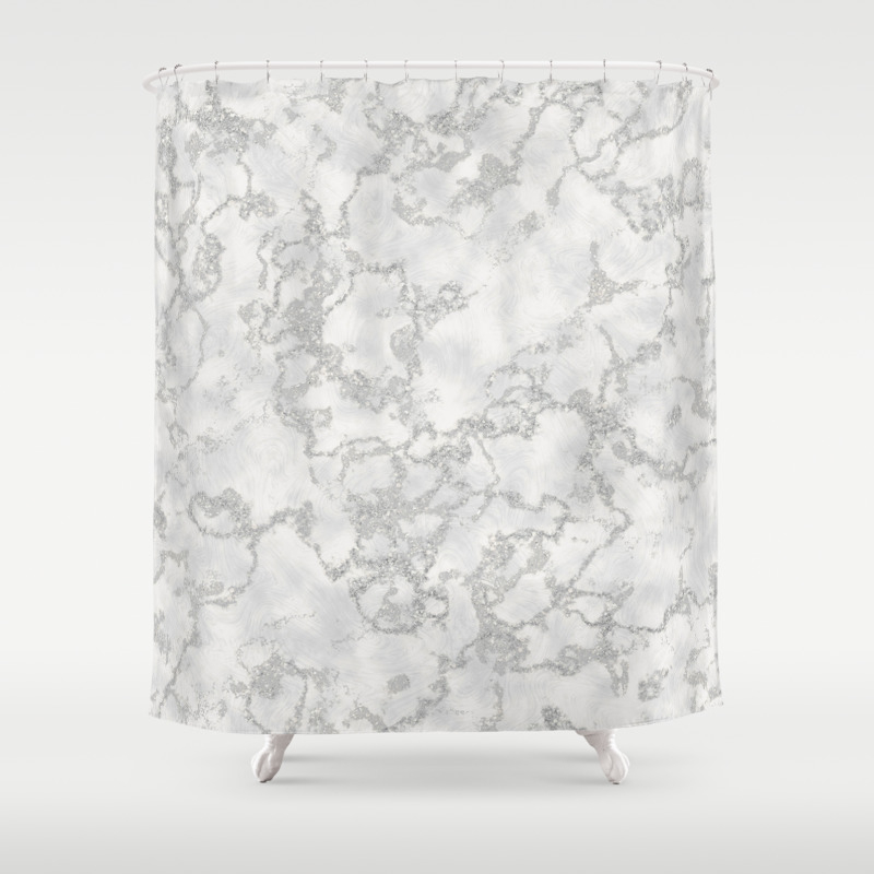 Metallic Silver White Marble Texture Shower Curtain By
