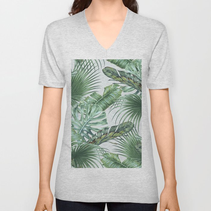 Tropical palm leaves, monstera, banana leaf, jungle foliage floral seamless pattern, summer background. Vintage botanical exotic illustration wallpaper.  V Neck T Shirt