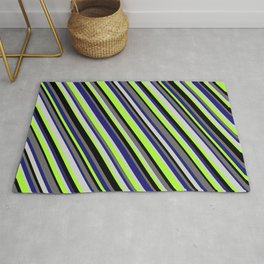 [ Thumbnail: Colorful Midnight Blue, Light Gray, Light Green, Black, and Dim Grey Colored Stripes/Lines Pattern Rug ]