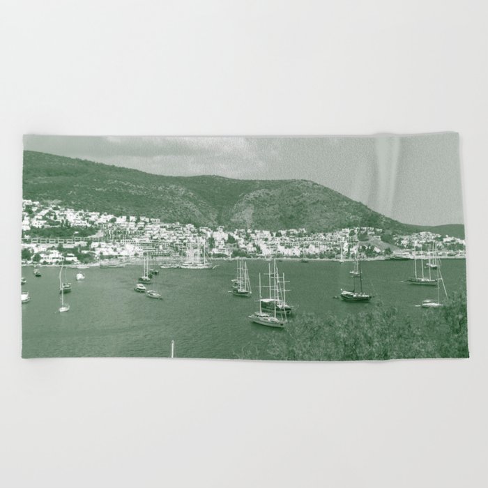 Duo color vintage Bodrum summer sea view with sailing boats from St.Peter's Castle Beach Towel