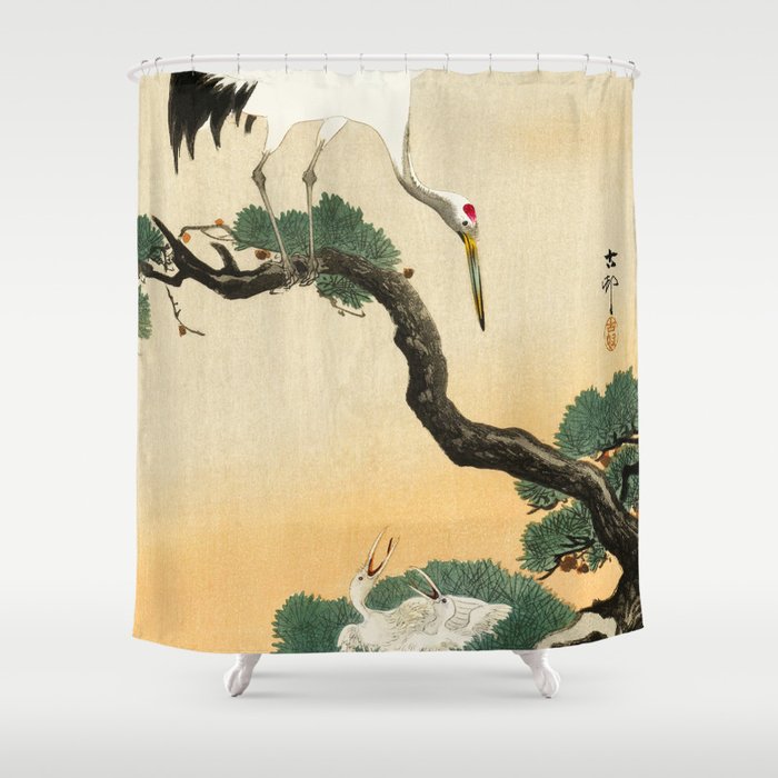 Crane and its chicks on a pine tree  - Vintage Japanese Woodblock Print Art Shower Curtain
