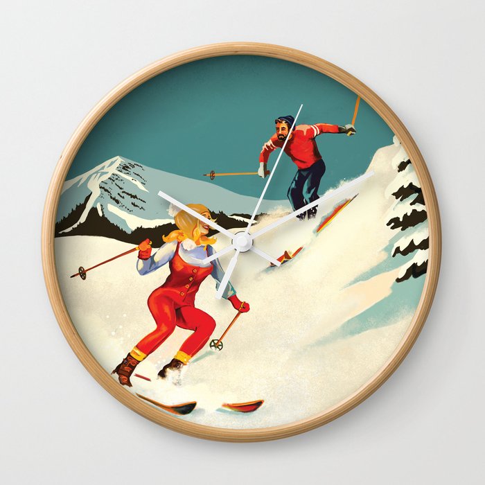 Retro Skiing Couple Wall Clock