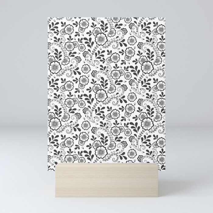 Dark Grey Eastern Floral Pattern Mini Art Print