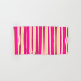 [ Thumbnail: Deep Pink and Pale Goldenrod Colored Lines/Stripes Pattern Hand & Bath Towel ]