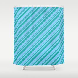 [ Thumbnail: Light Sea Green & Light Sky Blue Colored Striped Pattern Shower Curtain ]
