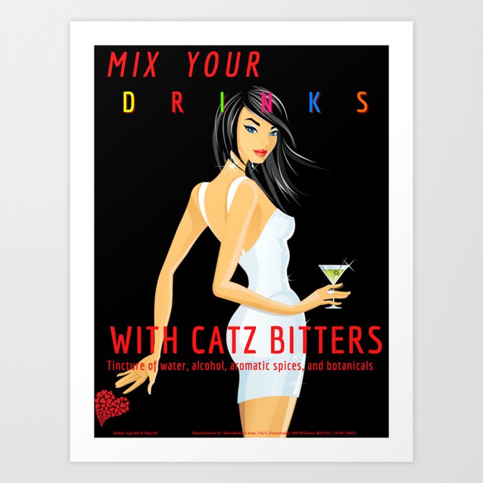Italian Apéritif Mix Your Drinks with Catz (Cats) Vermouth Bitters black background & colored text vintage alcoholic beverage advertising poster / posters Art Print