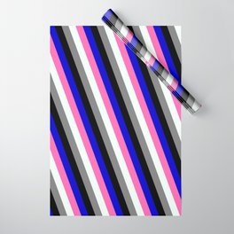 [ Thumbnail: Eye-catching Blue, Hot Pink, Mint Cream, Gray & Black Colored Lined Pattern Wrapping Paper ]