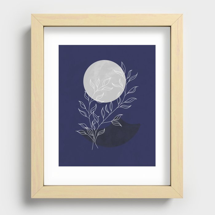 Abstract landscape in midnight blue with a silver moon Recessed Framed Print