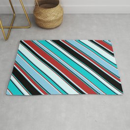 [ Thumbnail: Colorful Black, Dark Turquoise, Red, Light Cyan, and Sky Blue Colored Pattern of Stripes Rug ]