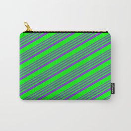 [ Thumbnail: Purple & Lime Colored Pattern of Stripes Carry-All Pouch ]