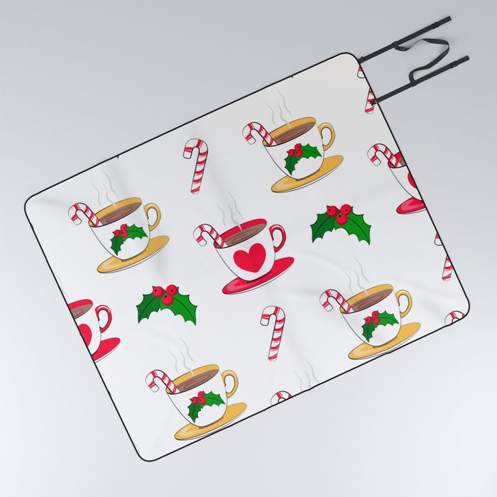 Festive Christmas Seamless Pattern with Hot Chocolate Mugs, Sweet Candy and Christmas Berry Picnic Blanket