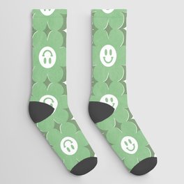 Retro happy smiley blooms pattern  # green tropical Socks