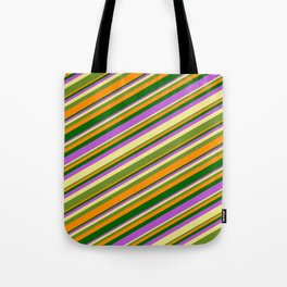 [ Thumbnail: Tan, Green, Dark Orange, Dark Green & Orchid Colored Lines Pattern Tote Bag ]