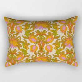 Orange, Pink Flowers and Green Leaves 1960s Retro Vintage Pattern Rectangular Pillow