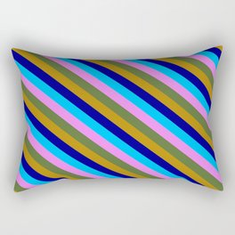 [ Thumbnail: Dark Olive Green, Dark Goldenrod, Dark Blue, Deep Sky Blue, and Violet Colored Striped Pattern Rectangular Pillow ]