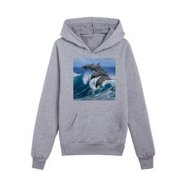 Four Bottle Noise Dolphins Jumping Waves In Tropical Blue Ocean Animal / Wildlife / Coastal Nature Photograph Kids Pullover Hoodies