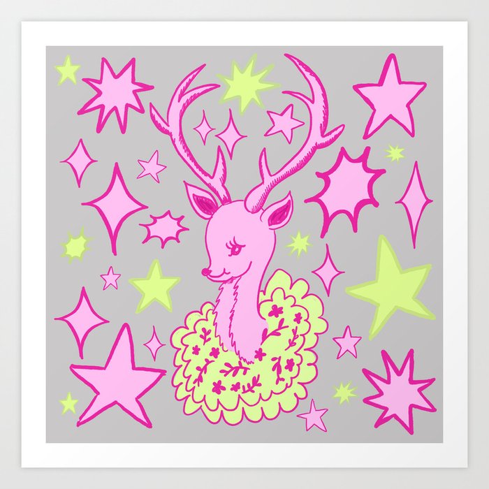 Cute Deer with Antlers and Wreath, Pink Green and Gray Art Print