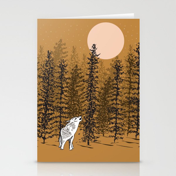 Wolf Howling at the Moon with Woodland Trees - Dusk Stationery Cards