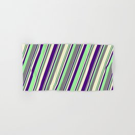 [ Thumbnail: Grey, Light Yellow, Indigo, and Green Colored Lines/Stripes Pattern Hand & Bath Towel ]