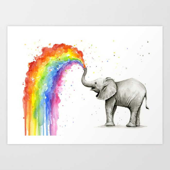 Baby Elephant Spraying Rainbow Kunstdrucke Baby Elephant Spraying Rainbow Kunstdrucke