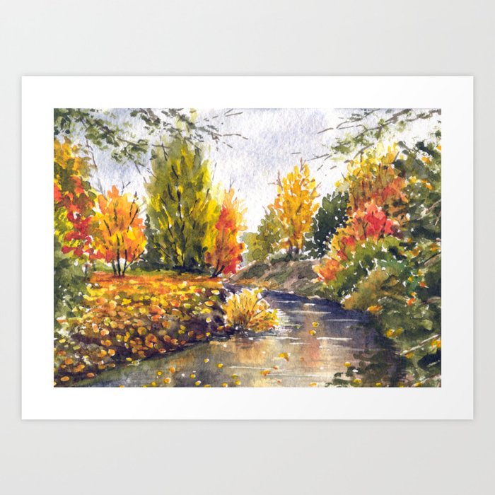 River In Autumn Watercolor Landscape Sketch Art Print By Jaanikka | Society6