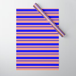 [ Thumbnail: Light Salmon & Blue Colored Lined/Striped Pattern Wrapping Paper ]