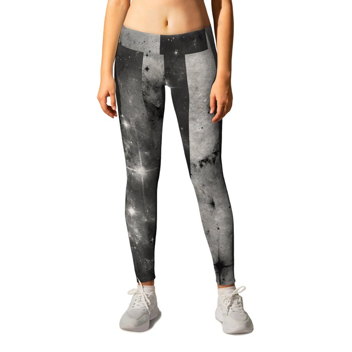 Stripes In Space - Black and white panel effect space scene Leggings