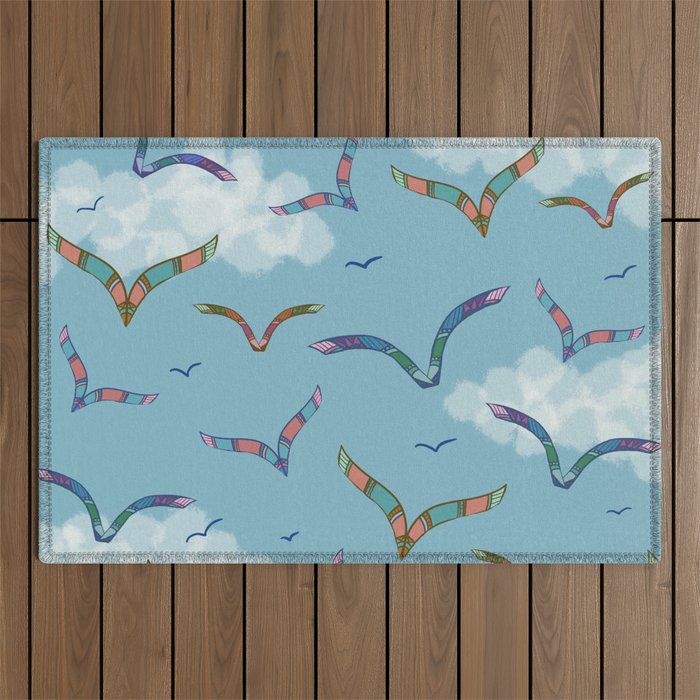 Boho Birds in Flight with Clouds Pattern Outdoor Rug