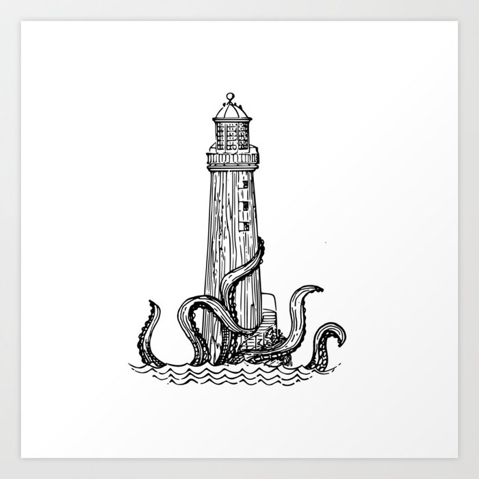 The Lighthouse & the Kraken Art Print