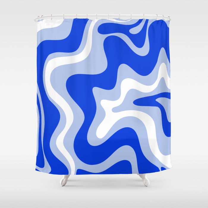 Retro Liquid Swirl Abstract Pattern Royal Blue, Light Blue, and White  Shower Curtain