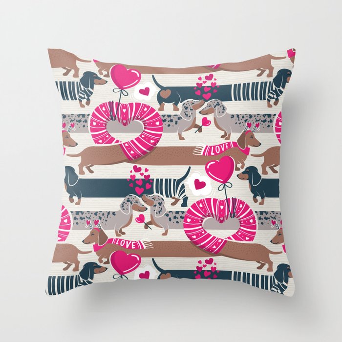 Dachshunds long love // beige background fuchsia pink hearts scarves sweaters and other Valentine's Day details brown navy and dark grey spotted funny doxies dog puppies  Throw Pillow