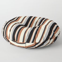 [ Thumbnail: Sienna, Light Yellow, Dark Grey, and Black Colored Stripes Pattern Floor Pillow ]