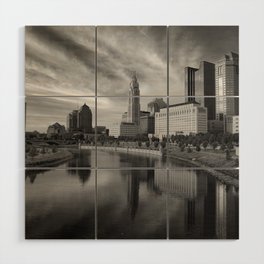 Downtown Columbus Ohio skyline in black and white Wood Wall Art