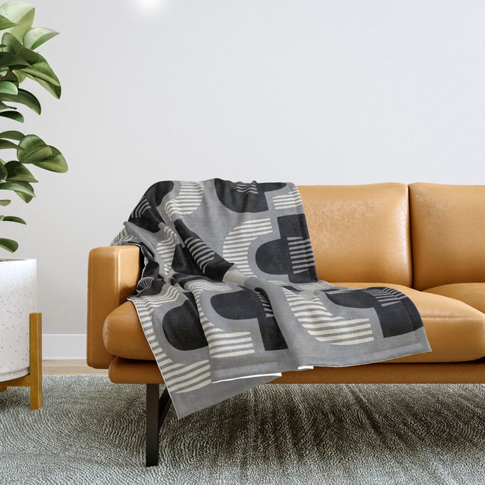 Retro Mid Century Modern Pattern 121 Black Gray and Linen White Throw Blanket