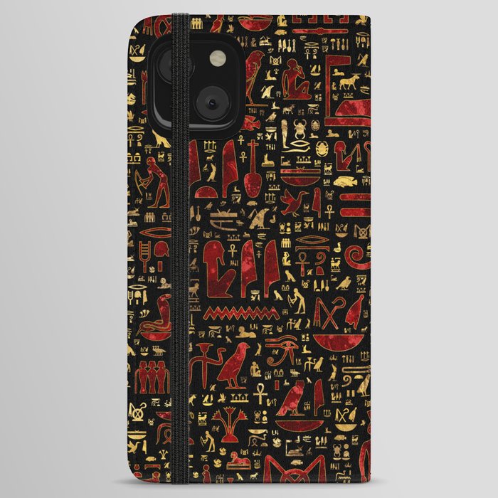Ancient Egyptian hieroglyphic pattern Red Marble and Gold iPhone Wallet Case