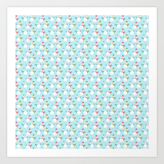 Merry christmas! Beautiful snowman pattern on aqua backround Art Print