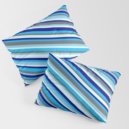 [ Thumbnail: Vibrant Dim Gray, Sky Blue, Light Cyan, Blue & Deep Sky Blue Colored Lined/Striped Pattern Pillow Sham ]