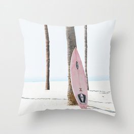 Pastel Pink Surfboard at Beach Throw Pillow