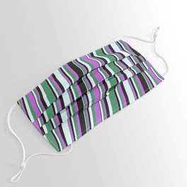 [ Thumbnail: Orchid, Black, Light Cyan, and Sea Green Colored Lined/Striped Pattern Face Mask ]