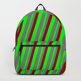 [ Thumbnail: Dark Red, Lime, and Gray Colored Stripes Pattern Backpack ]